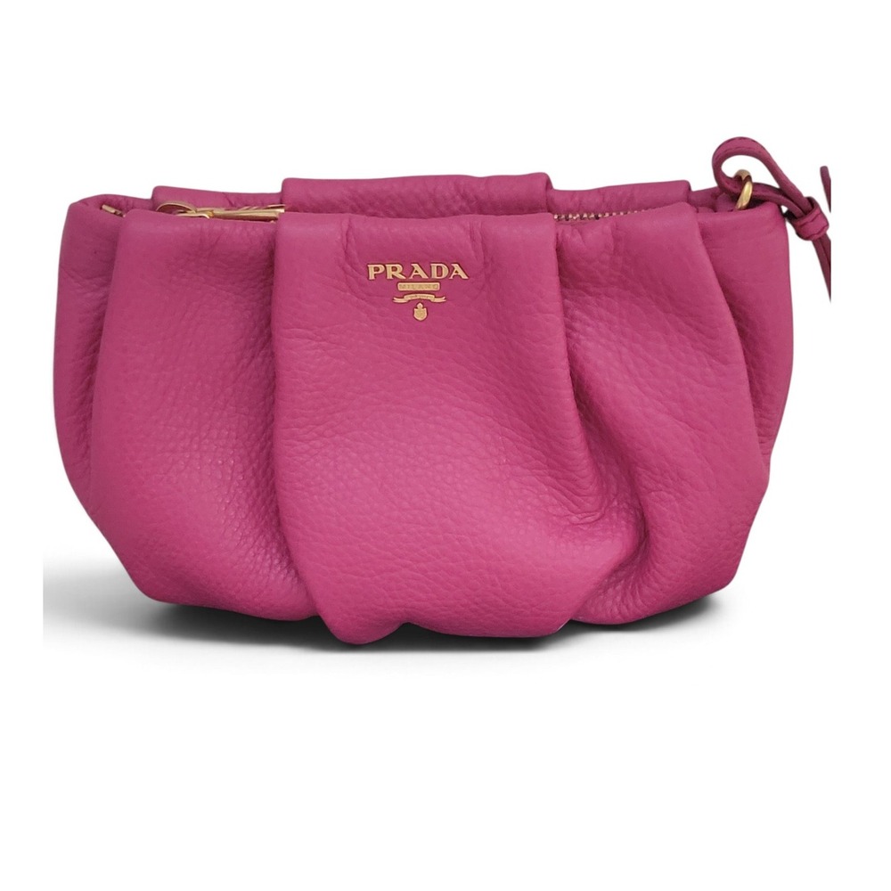 Prada Vitello Daino Peonia Pink Pebbled Leather Pleated Wristlet Clutch 1N1422